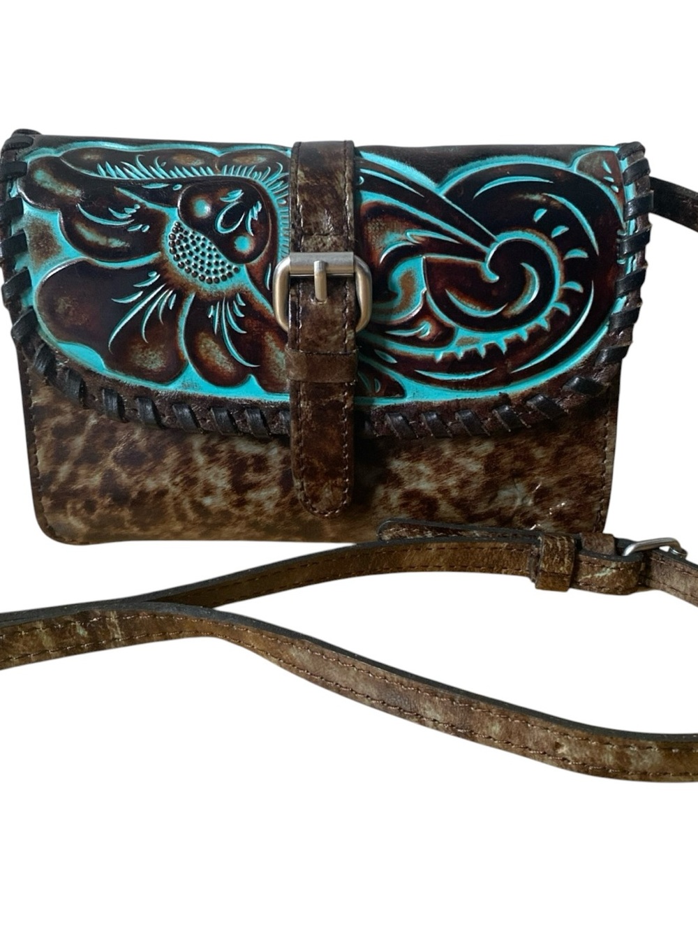 Patricia Nash Leather Tooled Turquoise Brown Crossbody purse bag